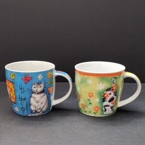 Lot Of 2 Kitty Cat Coffee Mugs Blue/Green .